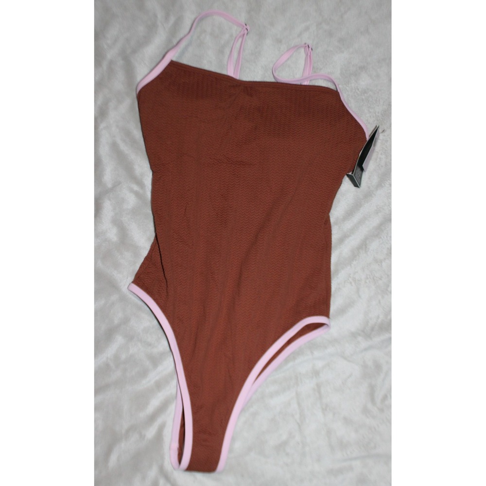NWT S Wild Fable Women brown Pucker Textured High Leg Coverage Swimsuit 1 Piece